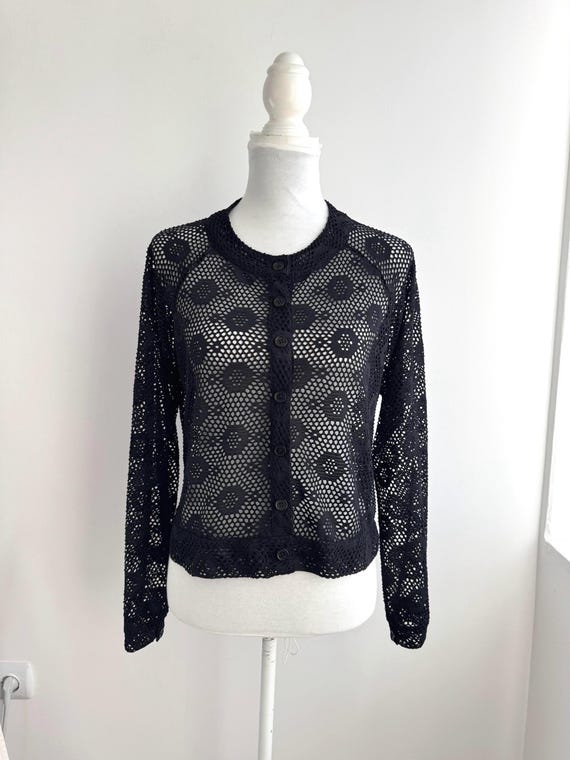 Vintage Black See Through Cardigan Size S, DIVINO Sheer Lace Jacket, Y2K Button Up Overlay Top, Open Work Festival Shrug, 90s Mesh Bolero