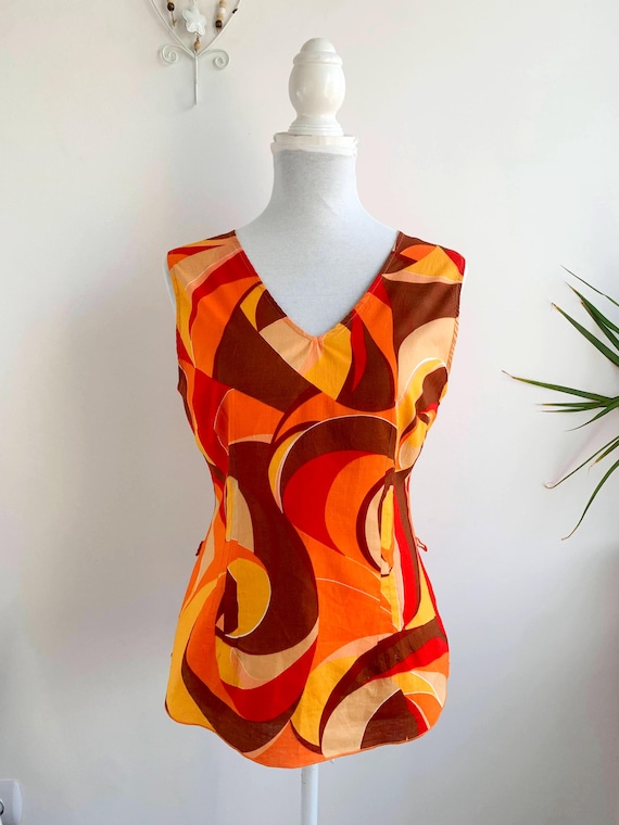 Vintage 90s Y2K Orange Swirl Mesh Tank Top Size M/L, Oviesse Trend Abstract Print Sleeveless Blouse, Soft Boho Grunge Retro Summer Top