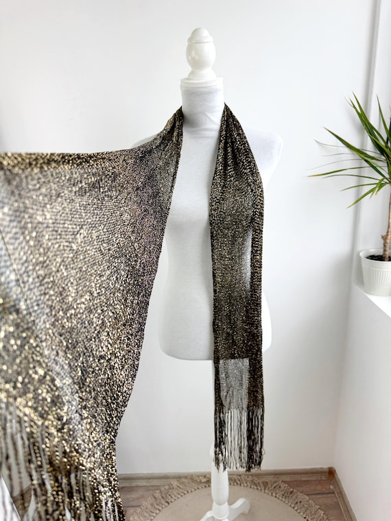 Vintage Black and Gold Sheer Lace Scarf with Tassels, Art Deco Fringed Shawl, Shiny Lame Long Neck Scarf, Gatsby Style Mesh Shoulder Wrap