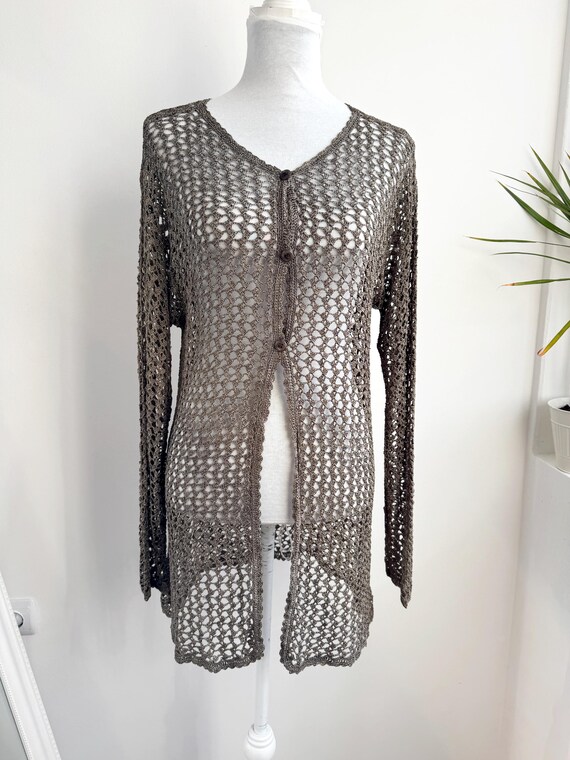 Vintage Khaki Crochet Cardigan XL, Open Knit Longline Shrug, 90s Y2K Festival Rave Wear, Sheer Lace Cover Up, Silky Viscose Button Up Top