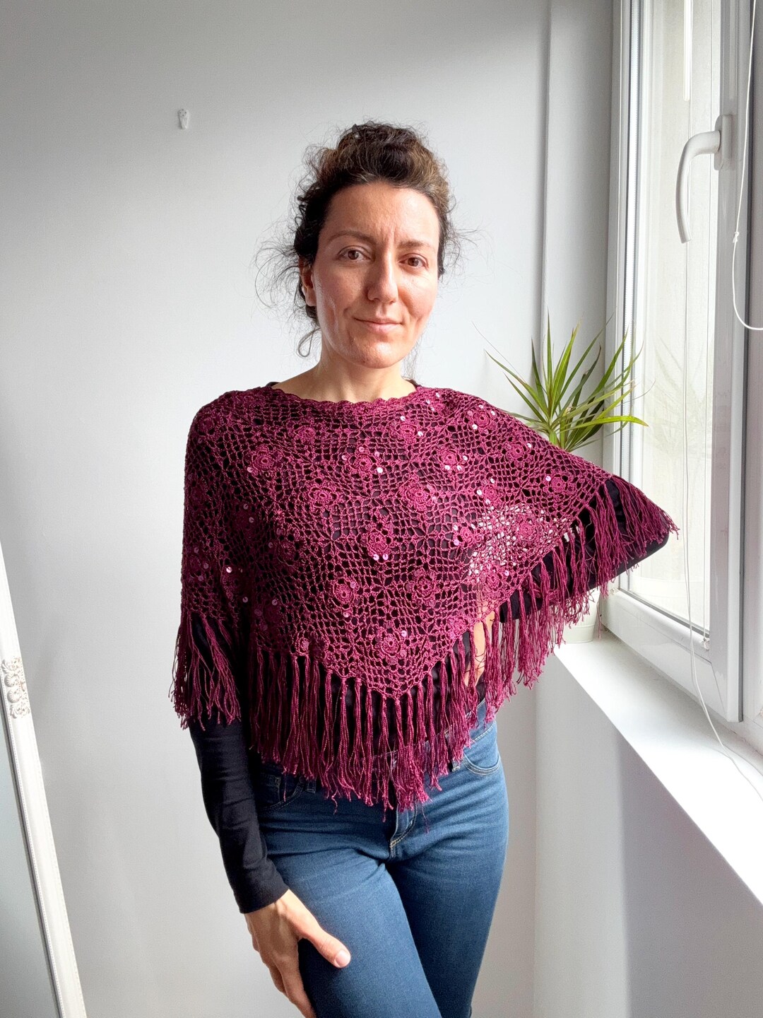 Burgundy Lace Crochet Poncho Shawl, Sequin Beaded Fringed Shoulder Cape ...