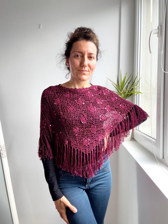Burgundy Lace Crochet Poncho Shawl, Sequin Beaded Fringed Shoulder Cape, Bohemian Mesh Top with Tassels, Sheer Fishnet Crop Top Cover Up