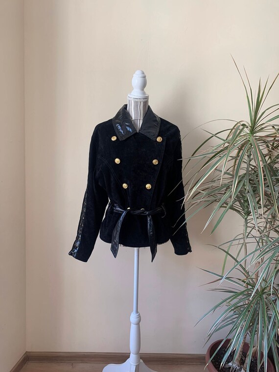 Vintage Black Suede Leather Jacket for Women Size 40 M L, Nautical Double Breasted Leather Blazer, Oversized Loose Fit Short Trench Coat