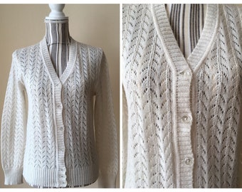 Vintage 80s Boho Knit Lace Cardigan, Sheer Cream Women's Cardie, Off White Buttoned Sweater, Wool Knitwear Size S