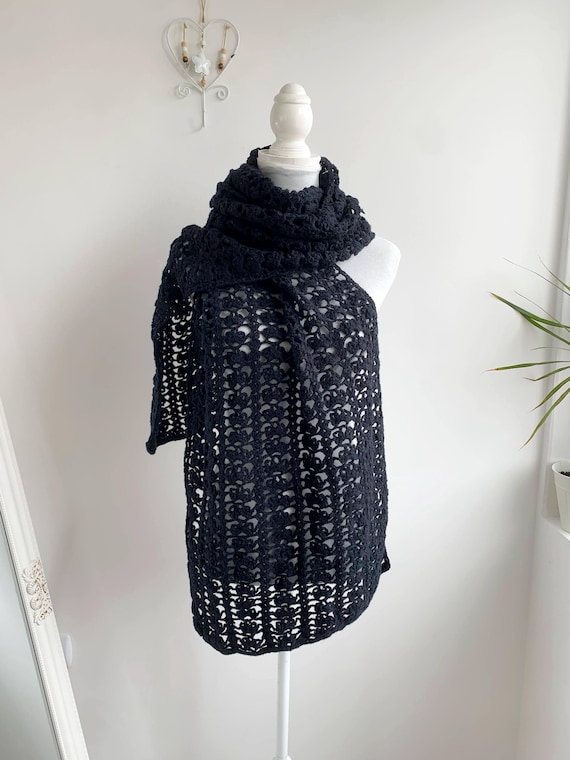 Vintage Black Lace Crochet Scarf, Chunky Knit Oversized Shawl, Bohemian Openweave Wrap, Hippie Festival Long Bukly Neck Warmer, Winter Gift