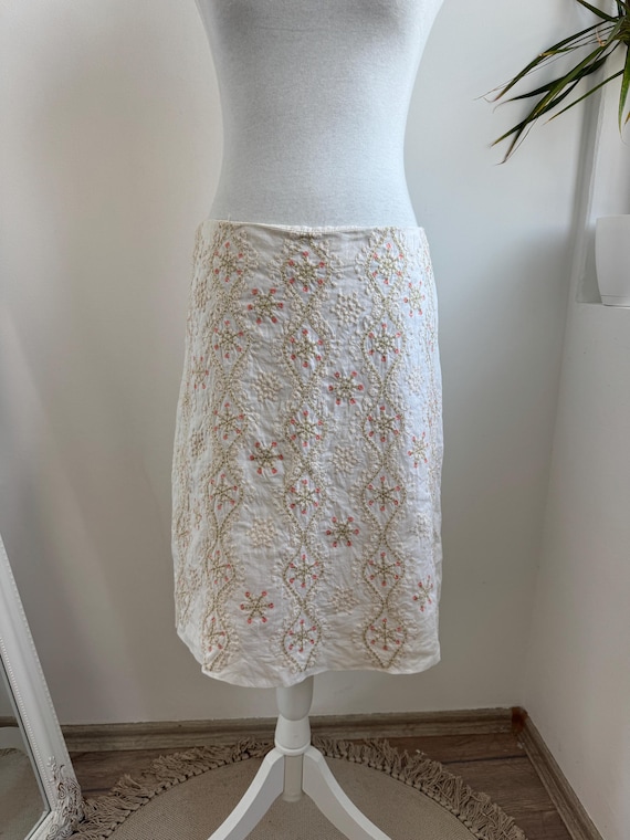 FRENCH CONNECTION Embroidered Ramie Skirt Cream Boho A Line Midi Skirt Gold Peach Snowflake Embroidery Cottagecore Romantic Skirt Size M