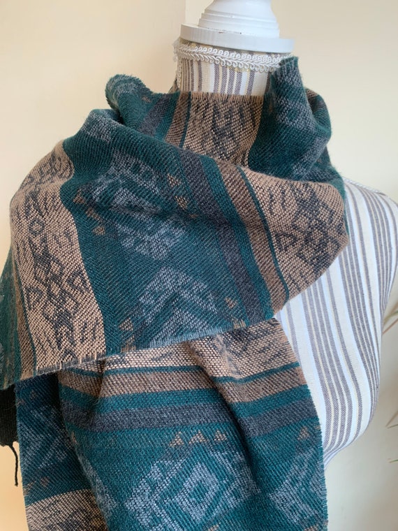 Vintage Tribal Winter Scarf, Cozy Coat Scarf, Warm Fluffy Rectangular Fringed Scarf, Aztec Geometric Print,  Dark Green Camel Brown Scarf