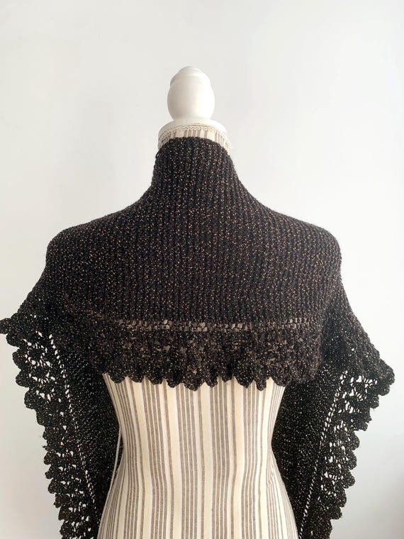 Vintage Knitted Triangle Wrap Shawl, Black Hand Knit Cape, Gold Lame Small Shawlette for Woman, Knit Triangle Scarf, Christmas Gift For Her