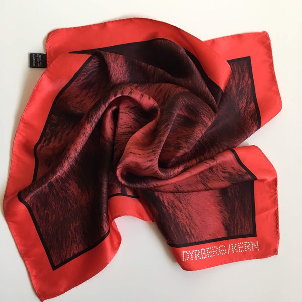 Vintage Luxury Silk Neck Scarf in Red and Black, Elegant Designer Neckerchief with Abstract Feather Print by Dyrberg/Kern