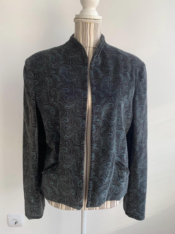 Vintage 90 Turquoise Teal Blue Cotton Velvet Blazer for Women Size L, Fall Paisley Floral Velveteen Jacket, Relaxed Corduroy Cropped Coat