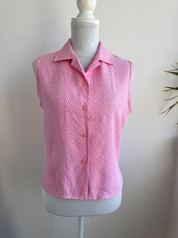 Marco Pecci Pink Polka Dot Sleeveless Blouse, Vintage 90s Button Up Collared Top, Smart Casual Tank Shirt Made in Germany Women's Size M L