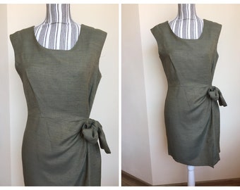 Vintage Sage Green Sheath Dress M, Size Tie Bodycon Dress, 1980s Linen Office Dress , Sleeveless Knee Length Wiggle Dress, Cocktail Dress