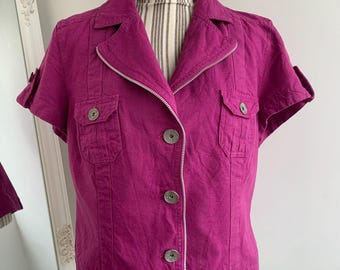 Vintage 90s Fuchsia Cotton Linen Jacket with Pockets Size XL, Women Short Sleeve Blazer, Summer Casual Linen Jacket, Simple Light Linen Coat