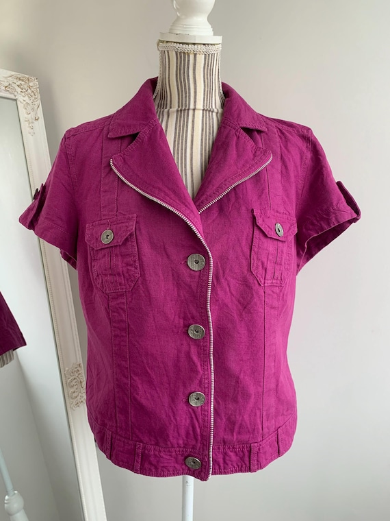 Vintage 90s Fuchsia Cotton Linen Jacket with Pockets Size XL, Women Short Sleeve Blazer, Summer Casual Linen Jacket, Simple Light Linen Coat