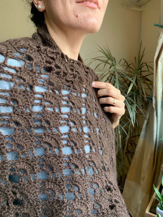 Brown Mesh Fishnet Lace Crochet Shawl, Vintage Bo… - image 9