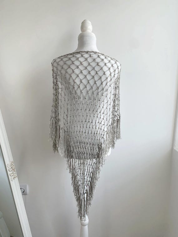 Mesh Silver Grey Lace Crochet Shawl With Tassels, 20's Style Evening Art Deco Fringed Triangle Scarf, Shiny Viscose Silk Sheer Fishnet Wrap