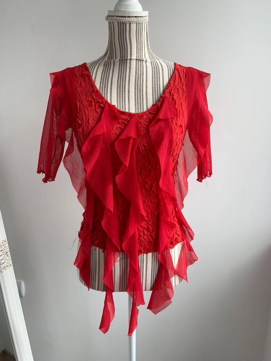 Vintage 90 Sheer Red Tulle Top Size XS / S, Ruffled Mesh Shirt