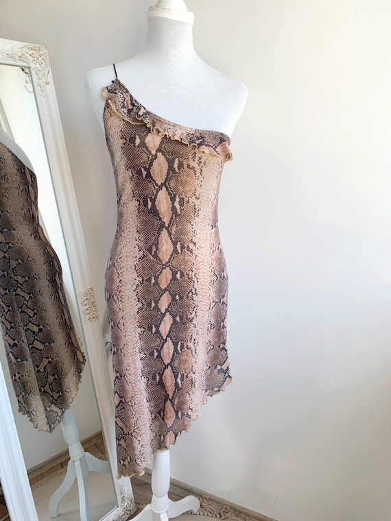 Vintage Snakeskin Print Bodycon Y2K Dress XS, Asymmetrical Off The Shoulder Slim Fit Going Out Nylon Dress, Sexy Night Out Party Outfit