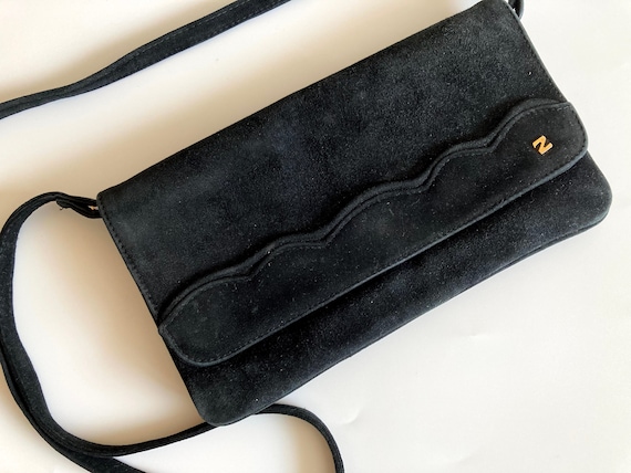 Vintage 80s Black Envelope Purse, Distressed Suede Leather Bag, Retro Style Slim Handbag, Small Crossbody Bag, Genuine Leather Clutch Purse