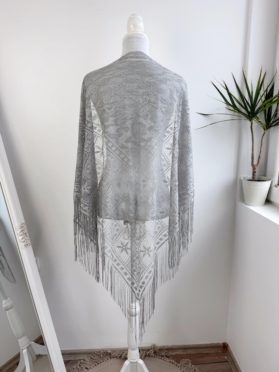 90s Light Silver Grey Lame Lace Shawl, Sheer Triangular Fringed Scarf, Boho Chic Mesh Piano Shawl, Bohemian Wrap, Floral Shawl With Tassels