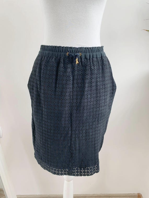 DAY Birger et Mikkelsen Navy Blue Suede Leather Skirt, Y2K Chic Boho Mini Skirt, Laser Cut Geometric Pattern, Elastic Waist, Size EU 38 / M