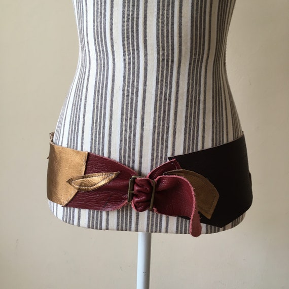 Colorful Soft Leather Obi Belt For Women, Tribal Fusion Festival Wide Hip Belt, Brass Buckle Boho Patchwork Drop Waist Belt Brown Gold White