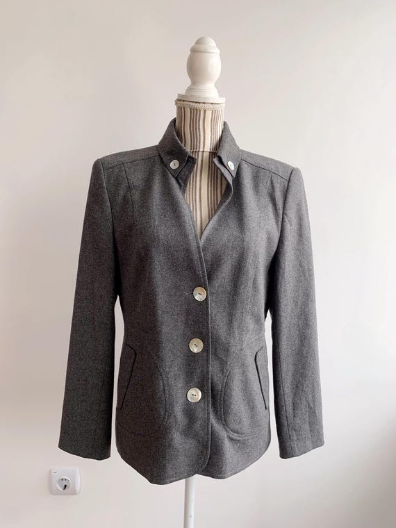 Vintage Delmod Gray Virgin Wool Blazer Jacket Women's Size L, Tailored Cropped Wool Coat, Minimalist Office Workwear Mother of Pearl Buttons