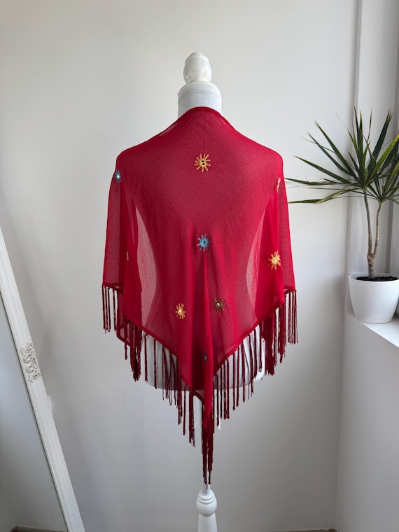 Vintage Red Fringe Shawl, Embroidered Sun Motif Sheer Boho Triangle Wrap Scarf, Mirror Sequins Indian Festival Shawl, Mesh Bohemian Wrap
