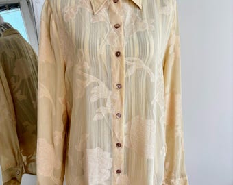Blusa vintage de los 90 transparente con estampado floral para mujer, talla L (Reino Unido 14), camisa de viscosa color crema con botones, blusa de oficina estilo Y2K con cuello y manga larga.
