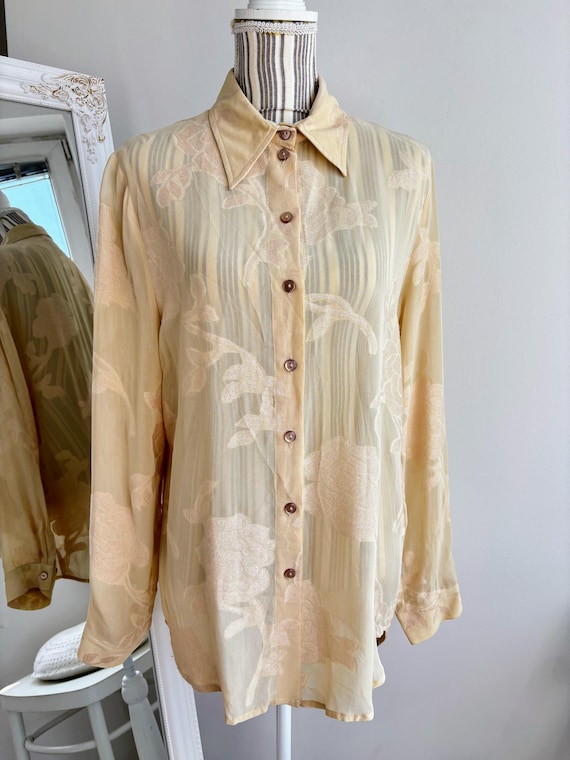 Vintage 90s Y2K Cream Beige Button Front Shirt for Women, Pale Yellow Floral Jacquard Collared Top, Sheer Mesh Longline Long Sleeve Blouse