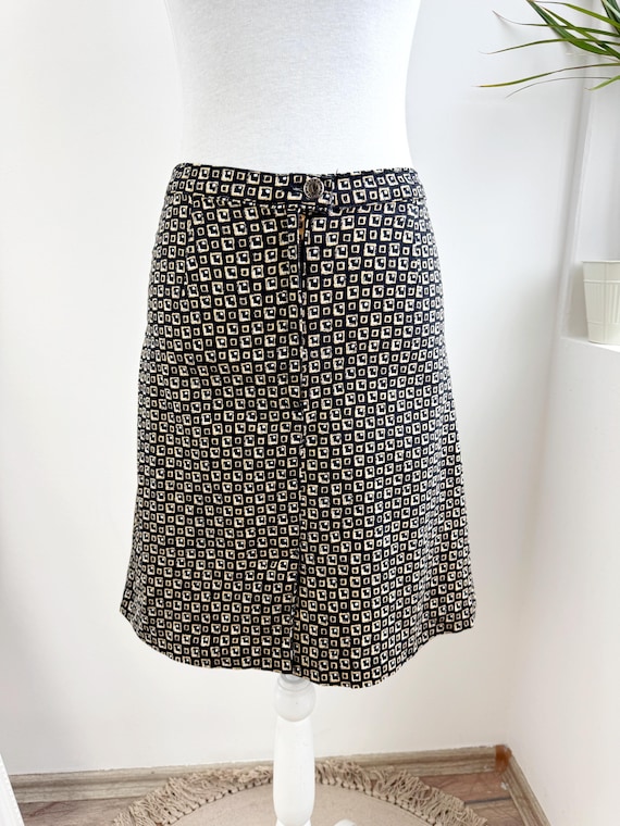 90s Vintage Geometric Mini Skirt, High Waisted Black Cream Cotton Summer Skirt, Retro 1990s Creem Company Indie Aesthetic A-Line Skirt 36/S