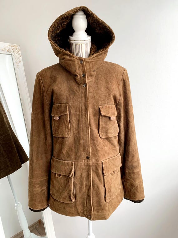 Vintage 90s ROCK'N BLUE Suede Leather Parka for Women Size L , Camel Brown Hooded Suede Coat, Midi Length Suede Jacket, Suede Overcoat
