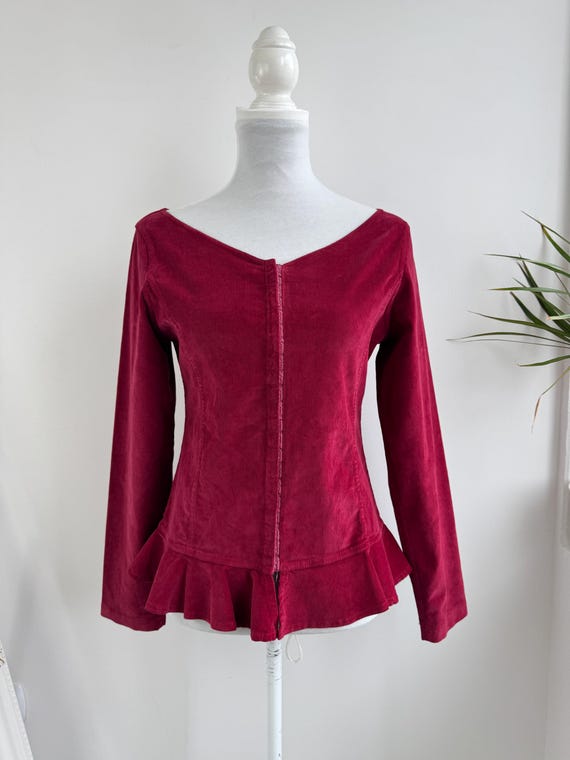 Vintage Julia Garnett Corduroy Peplum Top Size L Italy 46, 90s Y2K Berry Red Fitted Blouse, Long Sleeve Ruffle Shirt, Hook and Eye Closure,