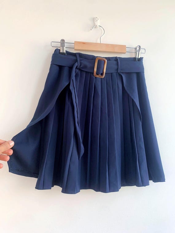 Vintage 90s Pleated Mini Skirt with Belt Size S, Navy Blue A-Line Short Skirt, Retro High Waist Belted Skirt, Elegant Layered Summer Skirt