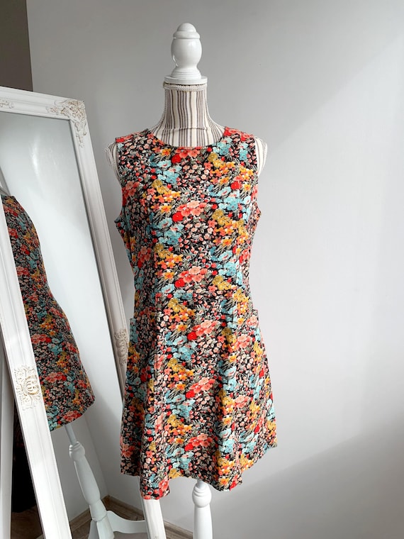 Vintage Y2K Floral Corduroy Mini Dress Size S, 100% Cotton Sleeveless Sundress, Boho Grunge Festival Dress, 90s 2000s Retro Clothes Women