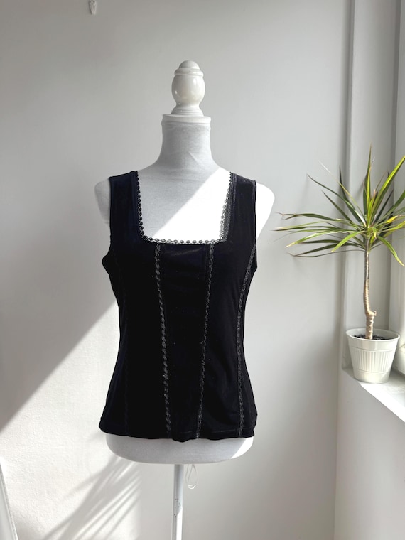 Vintage 90s Black Velvet Cami Top, Lace Trim Square Neck Camisole, Y2K Goth Grunge Stretch Tank Top, Coquette Whimsigoth Corset Bodice L XL
