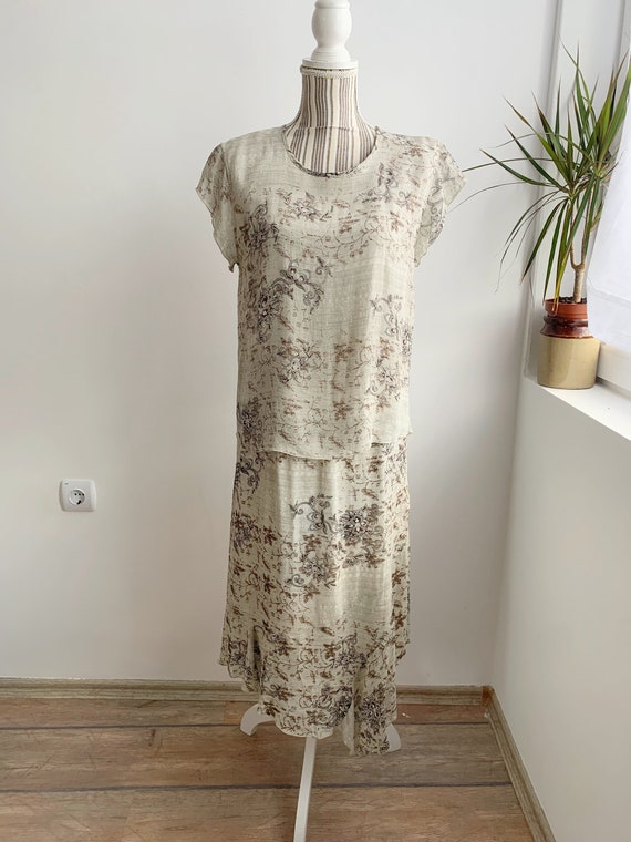 90s Grunge Blouse and Skirt Matching Set Size M L, Sheer Tulle Top and Skirt 2 Piece Set,   Short Sleeve Shirt and Lined Midi Skirt Set