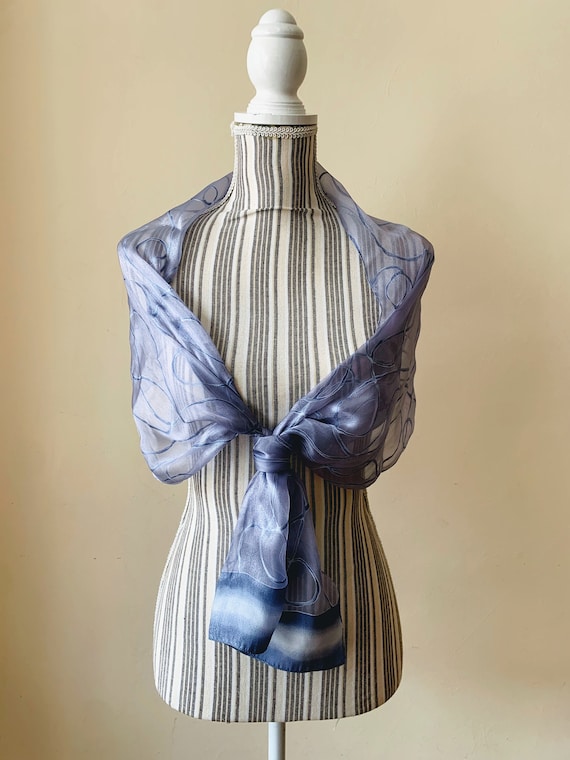 Light Blue Sheer Neck Scarf for Women, See Through Silky Satin Light Chiffon Scarf, Silver Grey Oblong Scarf, Vintage 90s Lavender Scarf