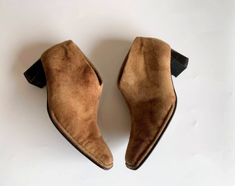 Hellbraune Kunst-Wildleder Ankle Boots Größe 37, Vintage 90er Jahre High Block Heel Booties, Beige Pantoletten, Beige Pantoletten