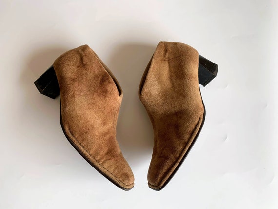Light Brown Faux Suede Leather Ankle Boots Size UK 4 EUR 37, US 6, Vintage 90s High Block Heel Booties, Camel Square Toe Loafers, Tan Mules