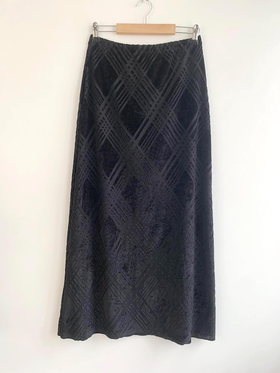 Burnt Velvet Skirt Size S M, Vintage Cut Out Velvet Maxi Skirt, 90s Grunge Long Black Skirt, Semi Sheer Stretchy Velour Skirt, Devore Skirt
