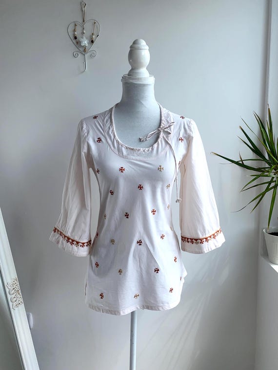Y2K Embroidery Top Size S, Boho Chic Cotton Top, Half Sleeve Tie Neck Summer Blouse, Vintage 90s Cottage Core Shirt, Romantic Peasant Blouse