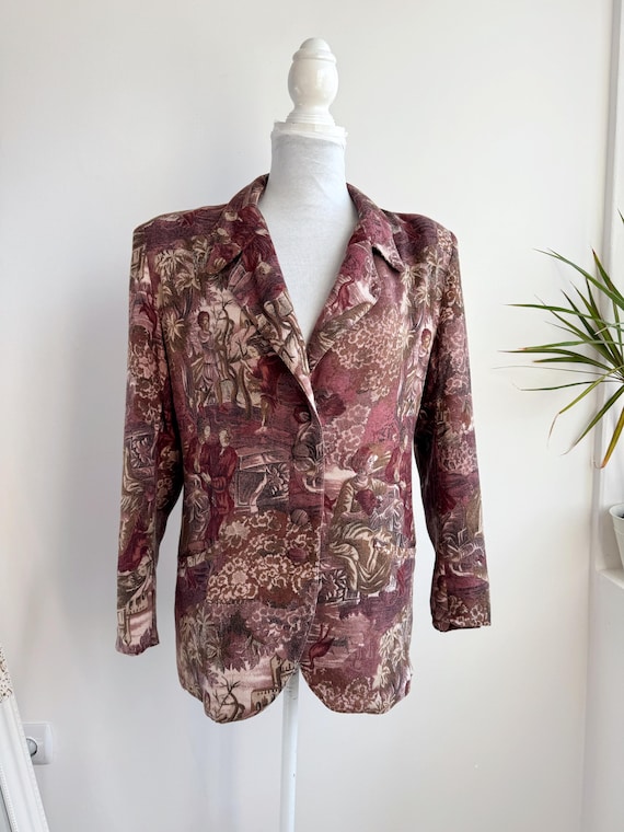 Vintage Floral Tapestry Blazer Women, Italian Wool Jacquard Jacket, 90s Cottagecore Toile Coat, Burgundy Pink Oversized Blazer Gift for Her