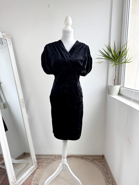 Vintage 80s Black Crushed Velvet Dress, Puff Sleeve Wrap Style Midi Dress Women, Dramatic V Neck Bodycon Evening Gown, Goth Glam Party Dress