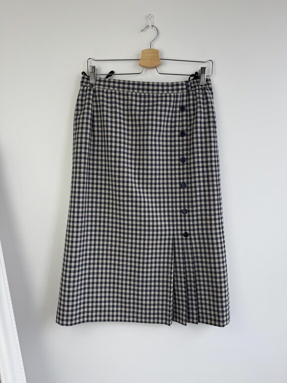 Vintage 90s Plaid Midi Skirt, Navy Blue & Cream Beige Check A-Line Skirt with Side Buttons and Kick Pleat, High Waisted Dark Academia Style