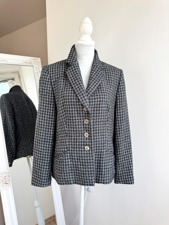 Vintage Gerry Weber Houndstooth Blazer Women's Size EU 40 L, Dark Academia Pure New Wool Jacket, Black White Check Structured Retro Coat