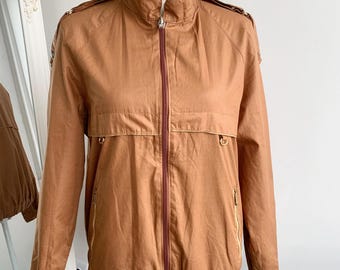 Vintage 80s Le Chat Reversible Bomber Jacket for Women Size S M, Light Brown Tan Beige Light Cotton Jacket, Band Collar Zip Up Spring Jacket