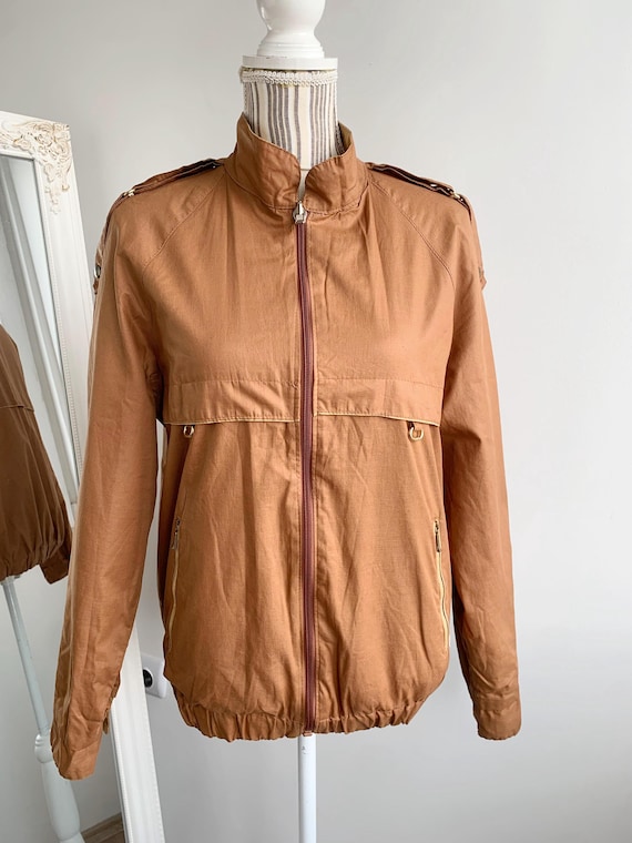 Vintage 80s Le Chat Reversible Bomber Jacket for Women Size S M, Light Brown Tan Beige Light Cotton Jacket, Band Collar Zip Up Spring Jacket