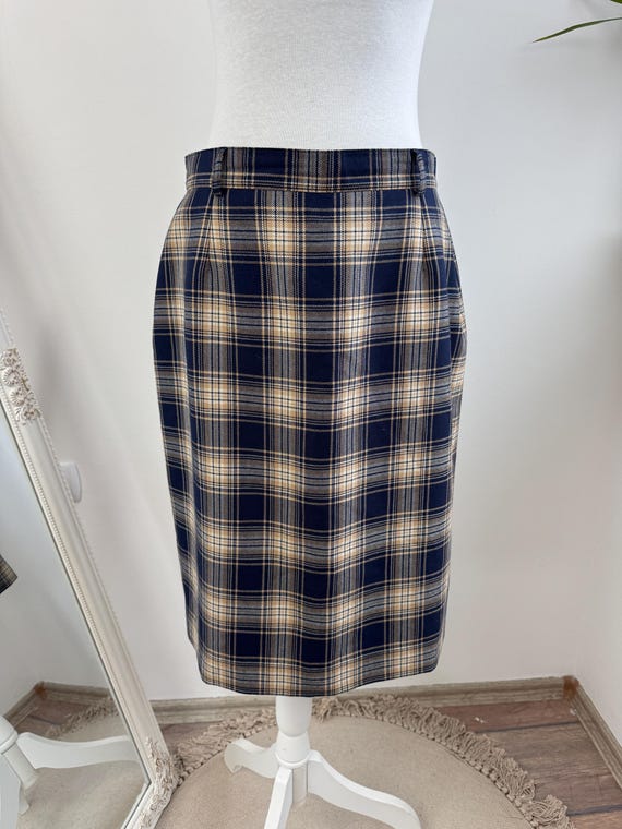 Vintage Plaid Wool Pencil Skirt Size L, Navy Blue Camel Brown 75% Wool Check Pattern Knee Length Skirt, Dark Academia Mod Office Wear