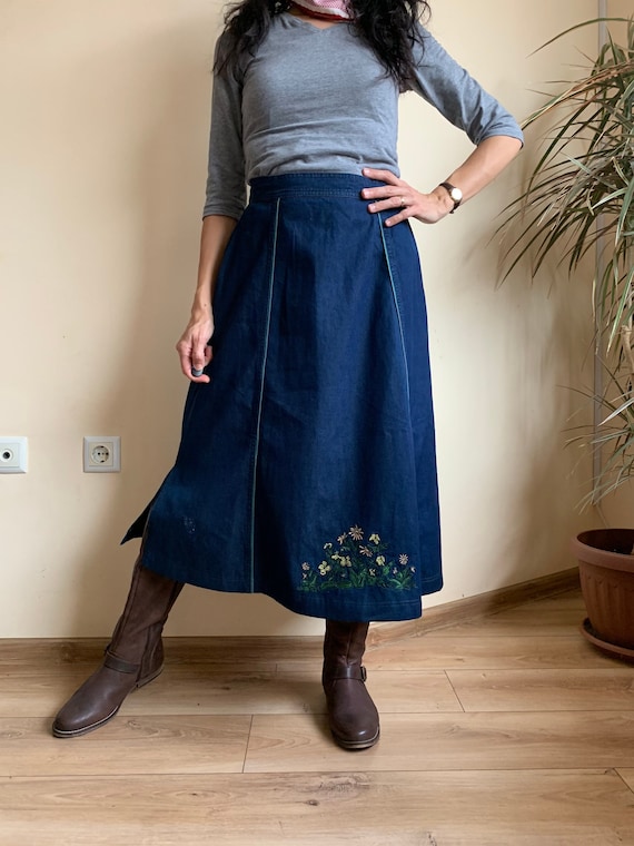 Vintage A Line Blue Denim Midi Skirt 90s Chambray Jean Skirt - Etsy